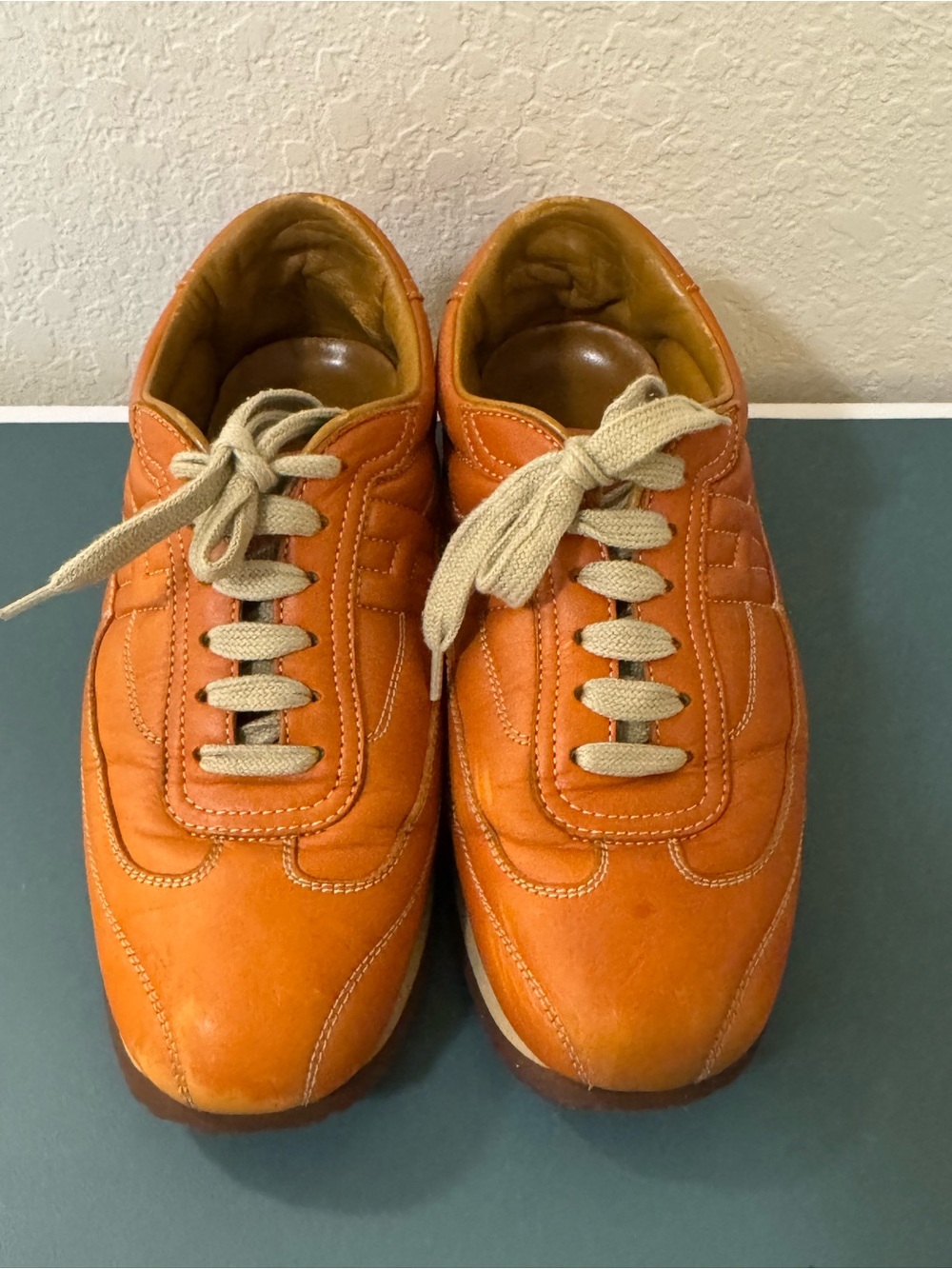 Authentic Hermès Leather H Logo Sneakers Cognac/Tan Low Top Shoes